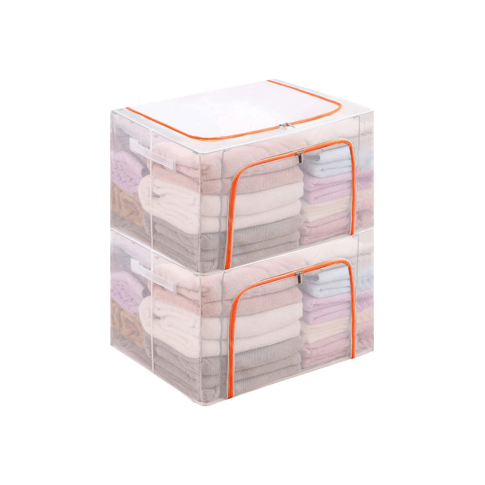حاويات تخزين قابلة للطي بسحاب من choedii أكياس ملابس شفافة لبطانية غرفة النوم رف ماء كبير مع غطاء مقابض مقواة 66L (قطعتان برتقاليتين، 66L)