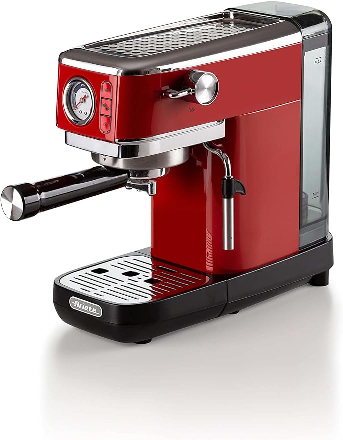 ماكينة تحضير القهوة اريتي 1381 مع مقياس ضغط، متوافقة مع القهوة المطحونة وكبسولات اي اس اي، 1300 واط، سعة 1.1 لتر، ضغط 15 بار، فلتر ½ كوب، جهاز كابتشينو، احمر، بلاستيك- 1381/13R