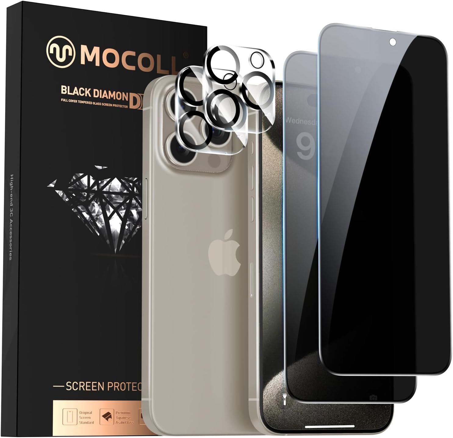 حزم MOCOLL 2 + 2 ل iPhone 15 Pro واقي الشاشة الخصوصية الزجاج المقسى 6.7 بوصة مضاد للخدش فيلم خاص صديق للحالة 10X صلابة