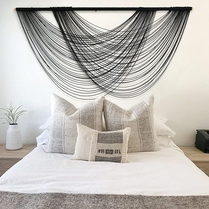 Arazzo Macramè Jakalin Grande 140x89 Cm Nero E Avorio - Decorazione Murale Bohémien Fatta A Mano