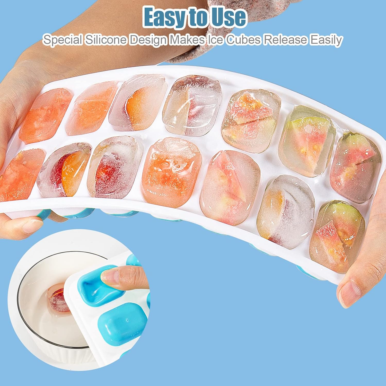 4-Pack Silicone Ice Cube Trays With Lids – Stackable, 14-Cube Each – Blue & Green
