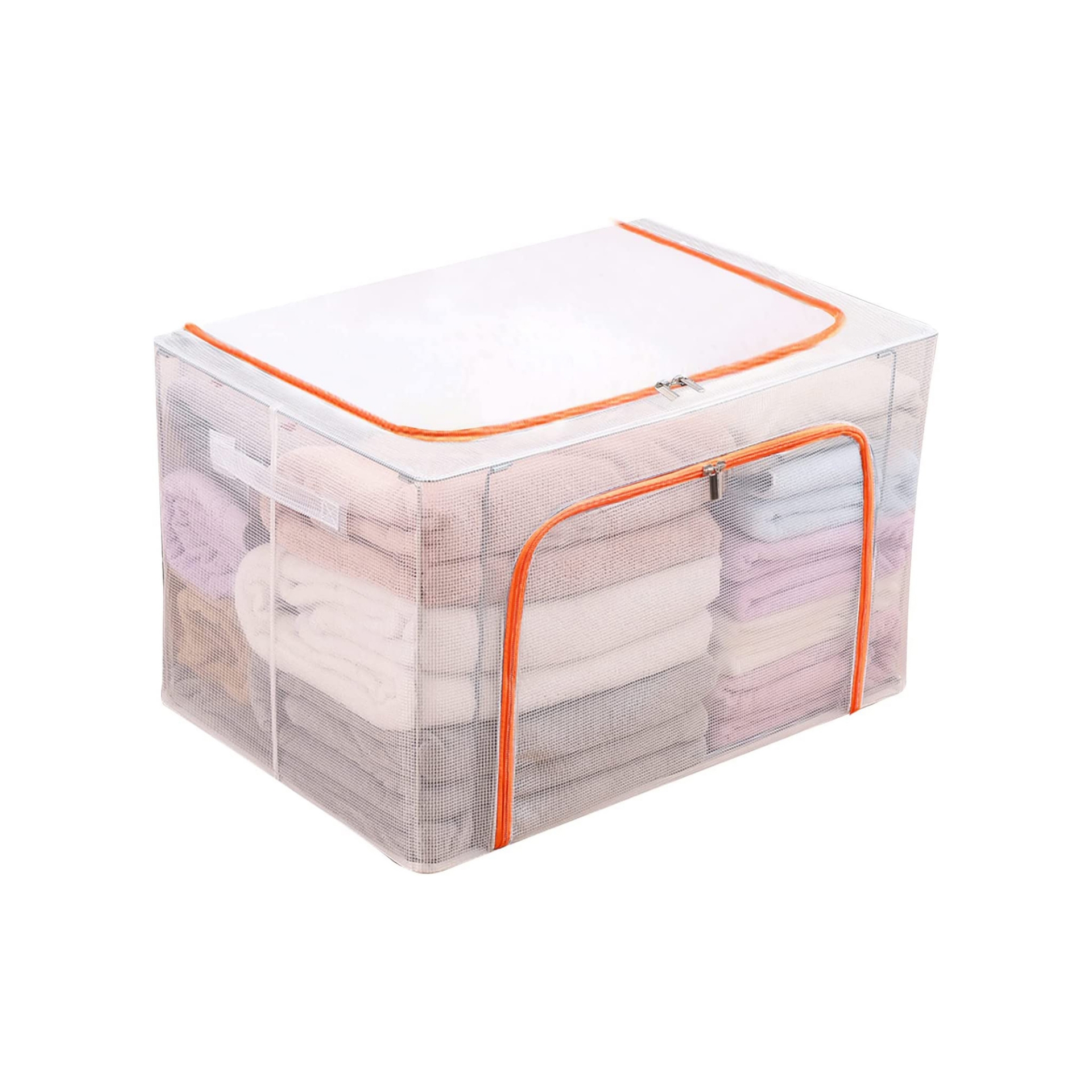 حاويات تخزين قابلة للطي بسحاب من choedii أكياس ملابس شفافة لبطانية النوم رف غرفة النوم صندوق كبير مقاوم للماء مع غطاء مقابض مقواة 66L (برتقالي، 66L)
