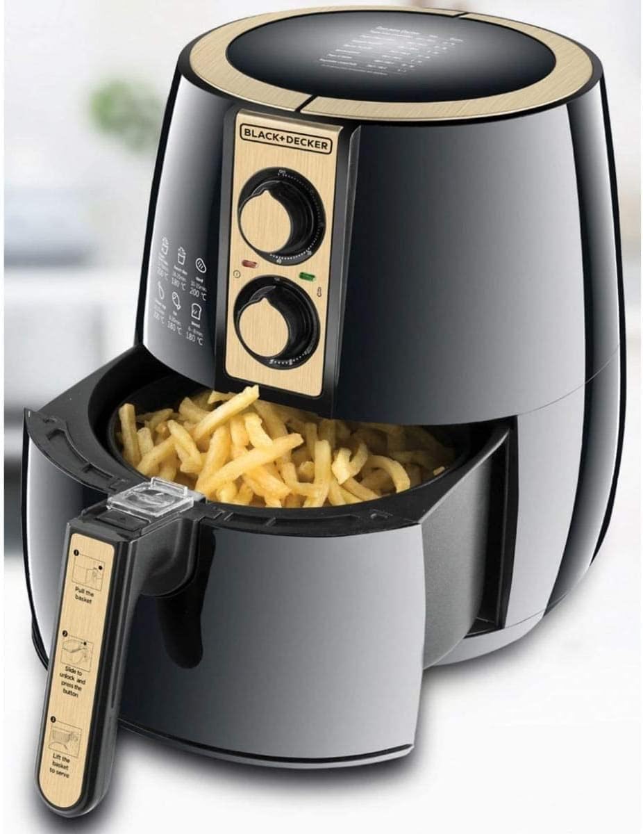 Black Decker 4 Liter Air Fryer 1.2Kg Performance Range Aerofry Black Gold Af300 B5 International warranty 220V supply voltage and 50Hz