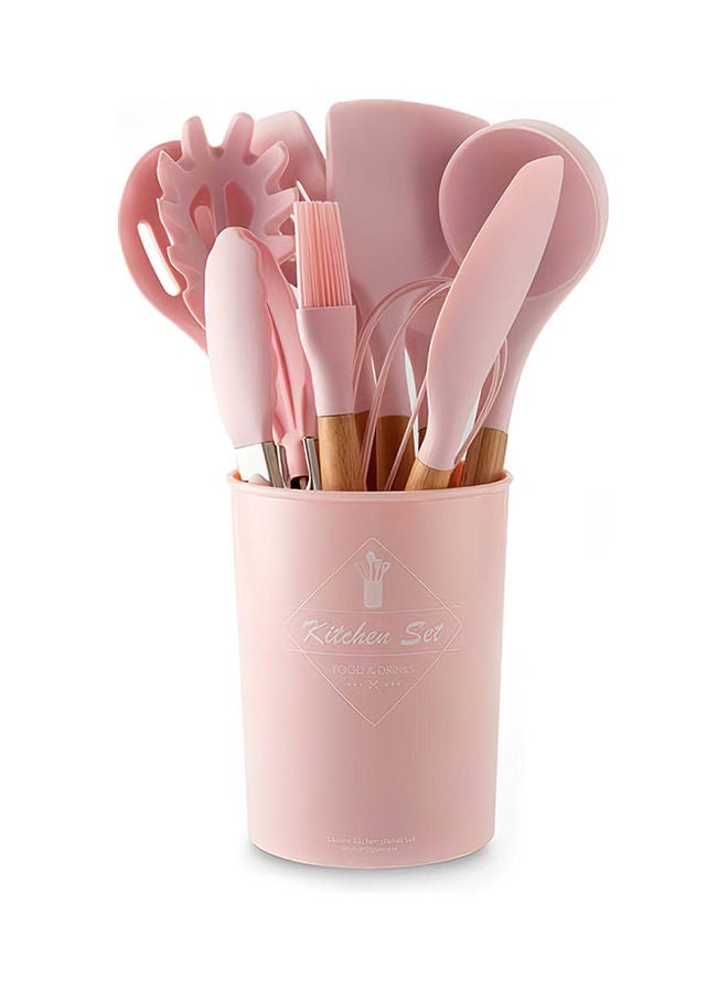 Kitchen Cooking Utensils 33 pcs Set Non-stick Silicone Cooking Kitchen Utensils Spatula Set with Holder, Wooden Handle good Silicone Pink