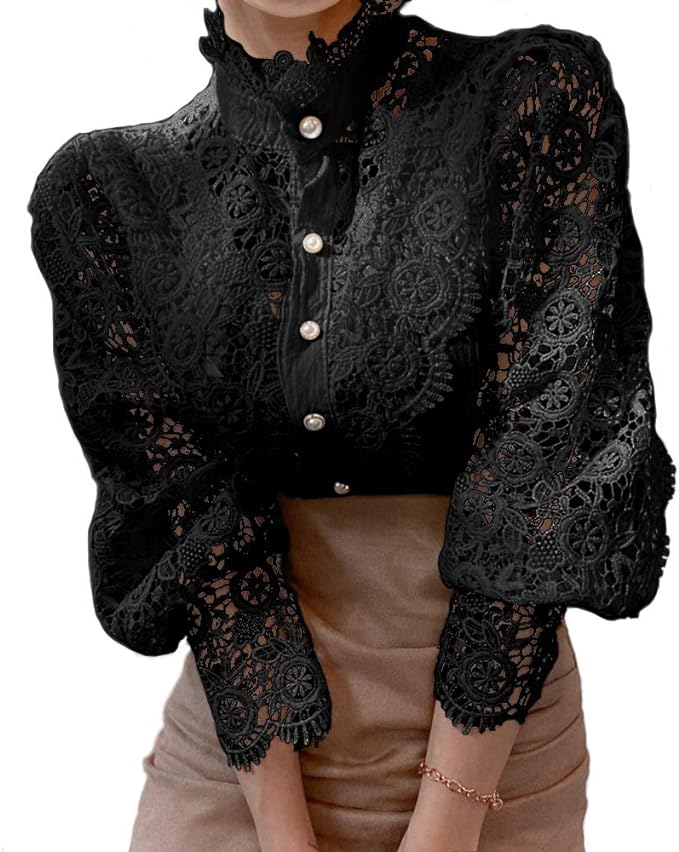 قمصان نسائية أنيقة مزينة بالدانتيل، بلوزة فيكتورية كاجوال بأكمام طويلة وازرار سفلية